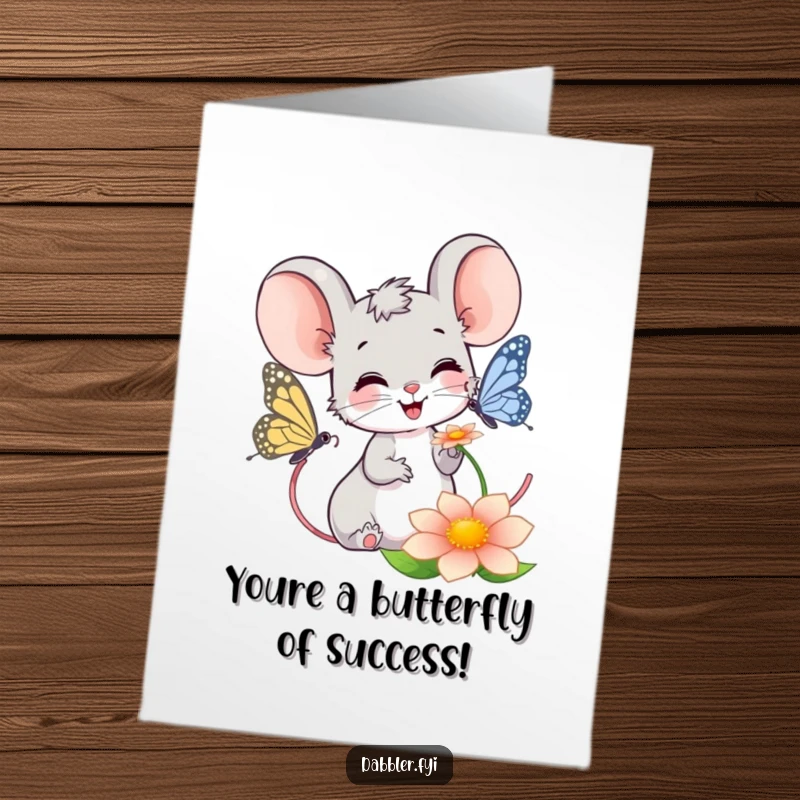 Funny Free Printable Mouse Congratulations Card: A happy mouse observes a butterfly, celebrating your beautiful success.