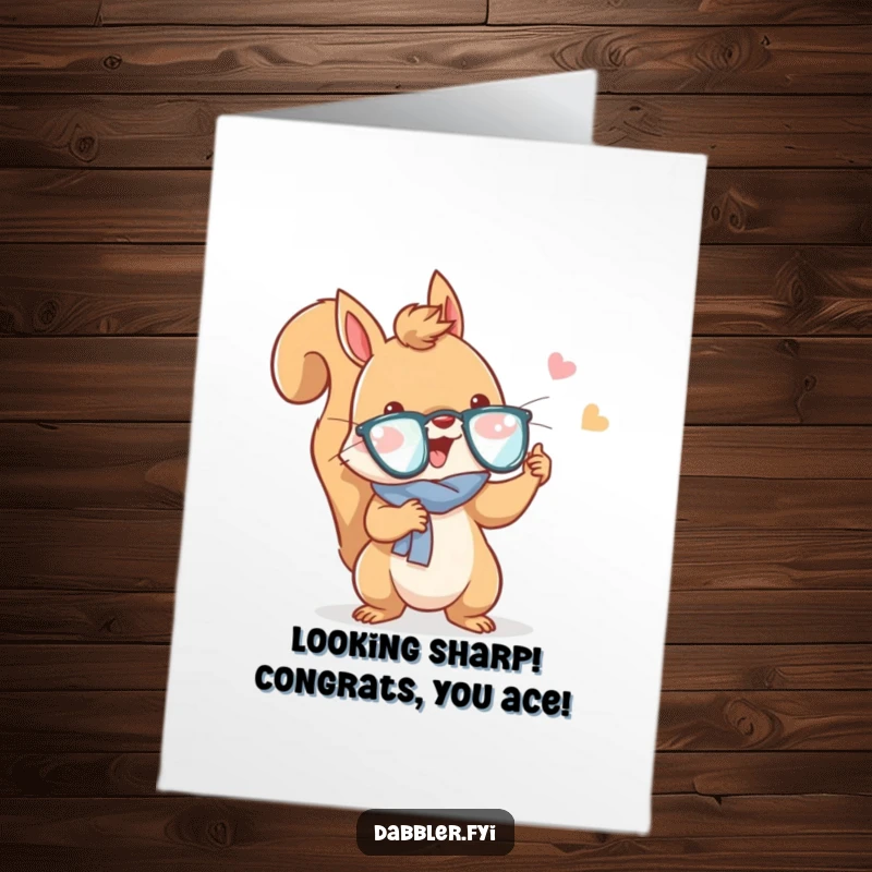 Funny free printable congratulations card: a squirrel looking delighted while trying out a fashionable new accessory.