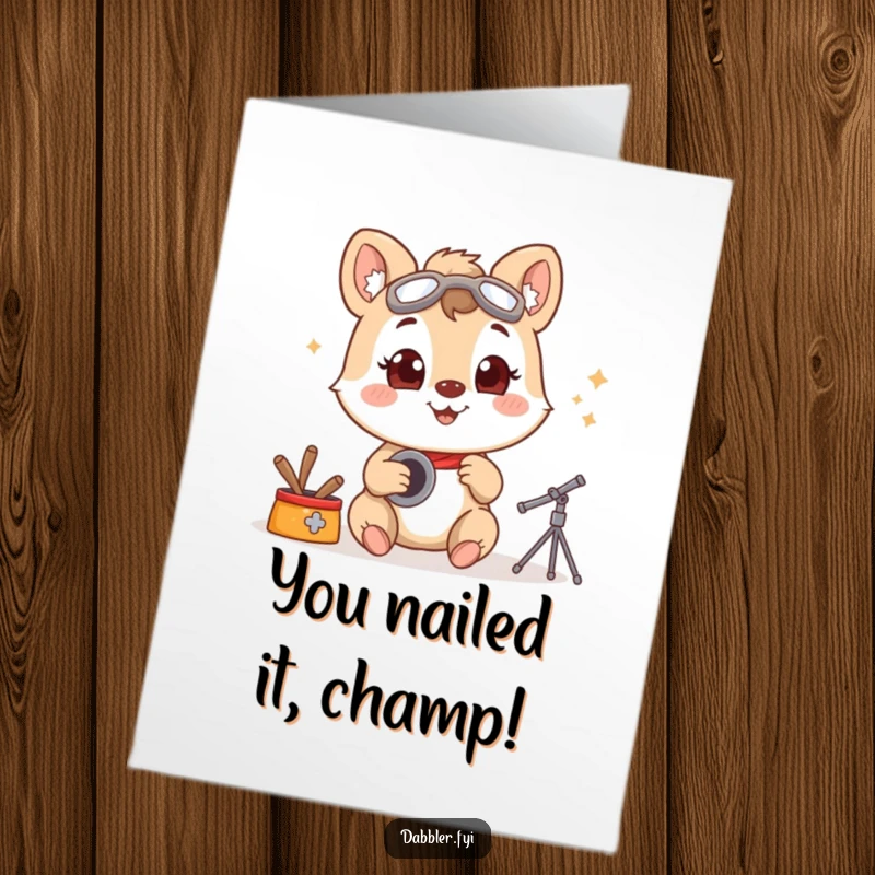 Funny Free Printable Congratulations Card featuring a smiling animal character diving into a new hobby with pure, wide-eyed excitement.