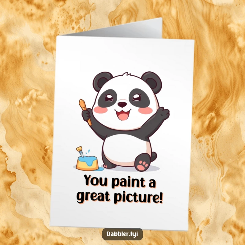 Funny Free Printable Congrats Card: Joyful panda dabbing paint with a sponge, celebrating creativity.