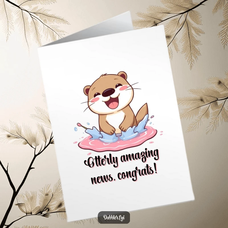 Funny Free Printable Congratulations Card: Cheerful otter splashing in paint puddle, celebrating success, artistic joy.
