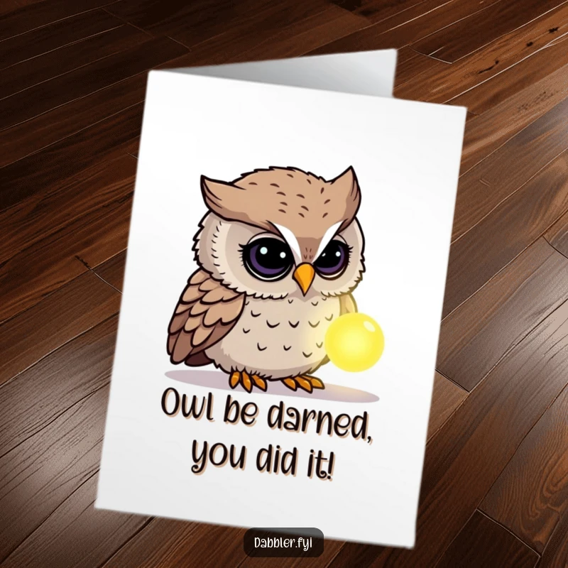 Funny Free Printable Congratulations Card: A curious owl examines a glowing object, symbolizing the wonder of a great achievement.