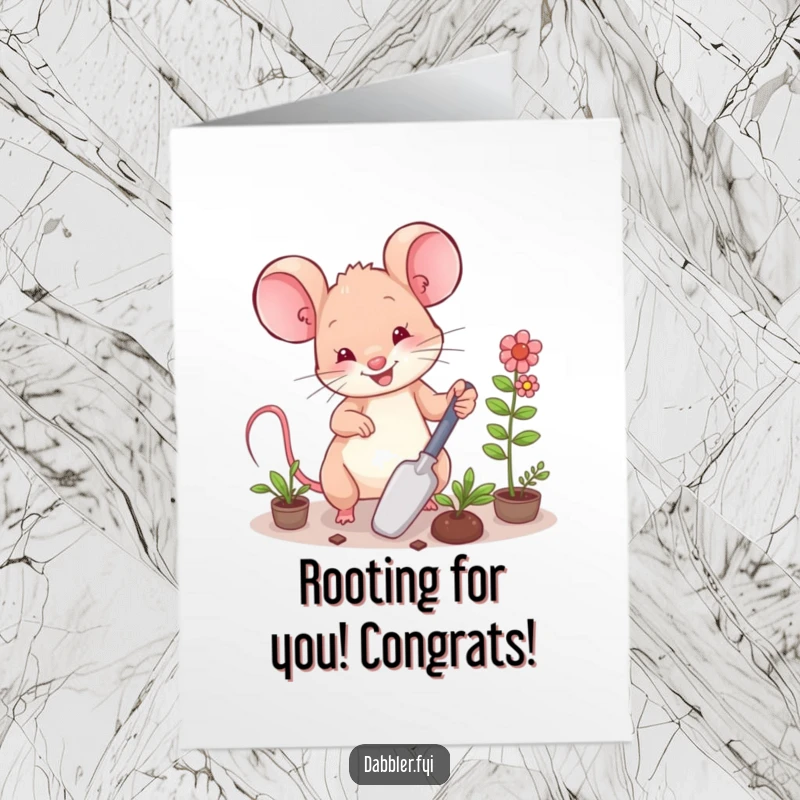 Funny Free Printable Congrats Card: Happy mouse tending to miniature plants with a trowel, celebrating growth.