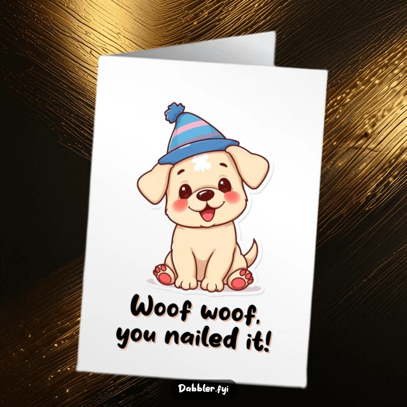Funny Free Printable Congratulations Card: A happy puppy sporting a ridiculously silly hat, excitedly celebrating a big win.