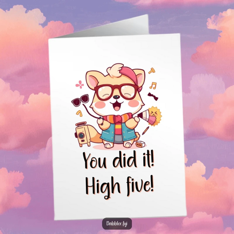 Free Printable Congratulations Card showcasing a comical animal character experimenting with various funny and unexpected accessories.