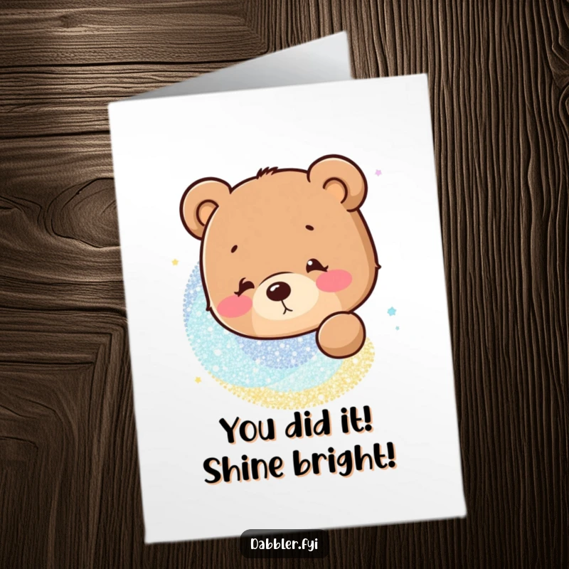 Funny Free Printable Congrats Card: Curious bear gazing at swirling glitter, celebrating success.