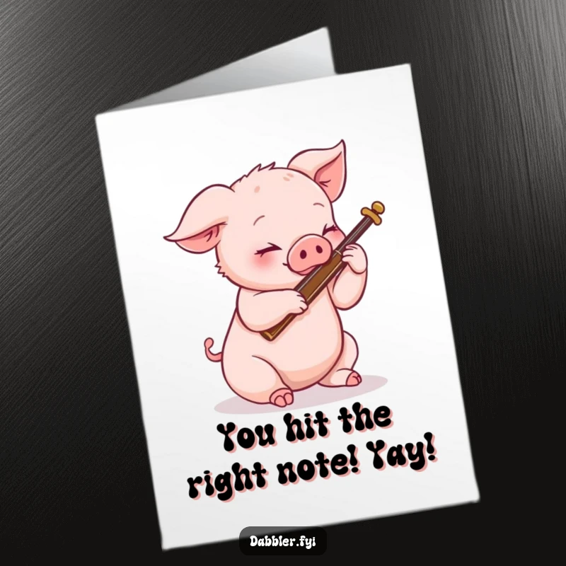 Funny free printable congratulations card: a cute piglet struggling comically to play an unusual small instrument.