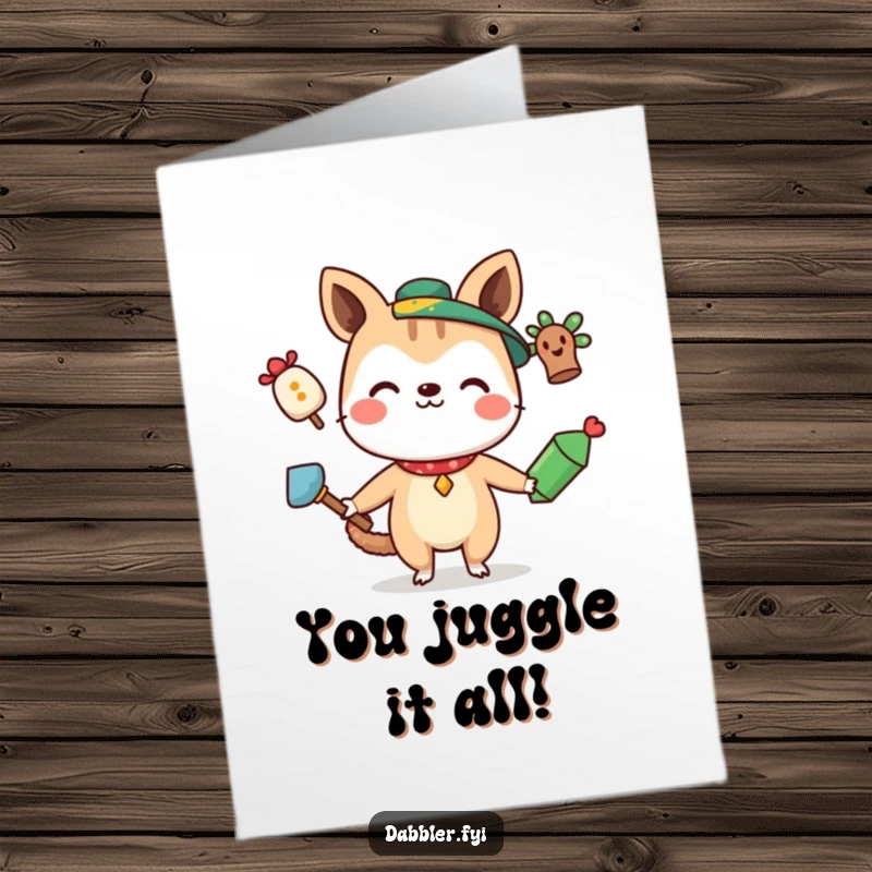 Funny Free Printable Congrats Card: A smiling animal juggles three amusing objects, showcasing dexterity and achievement.