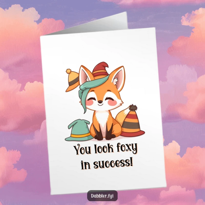 Funny free printable congratulations card with a giggling fox sporting a celebratory hat, acknowledging your success.