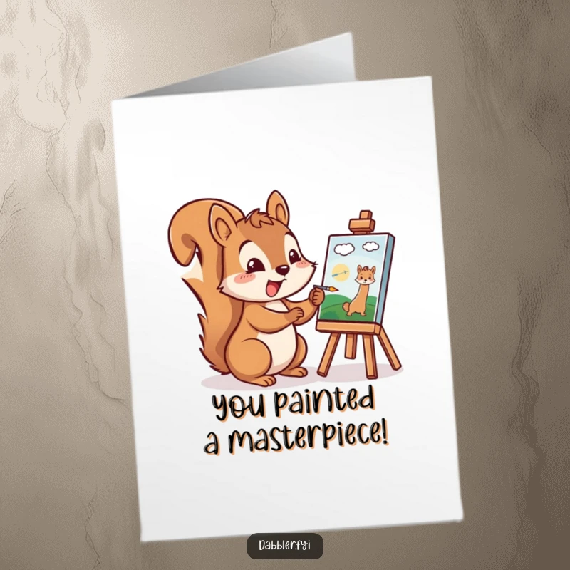 Funny Free Printable Congratulations Card: A cheerful squirrel excitedly paints a tiny picture, a charming DIY gift.