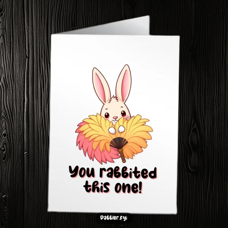 Funny Free Printable Congratulations Card: A mischievous rabbit peeking playfully from behind a large, colorful feather fan with a sly grin.