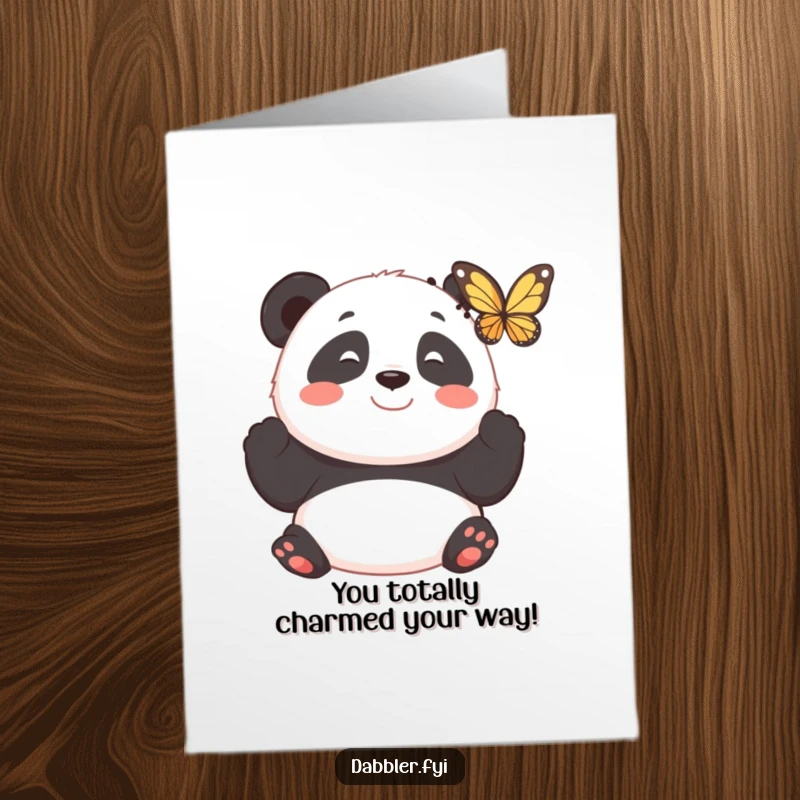 Funny Free Printable Congratulations Card: A smiling panda observing a butterfly with wonder, a serene and humorous congratulatory message.