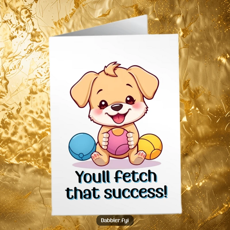 Funny free printable congratulations card featuring a cute, mischievous puppy juggling bright balls, a cheerful downloadable.