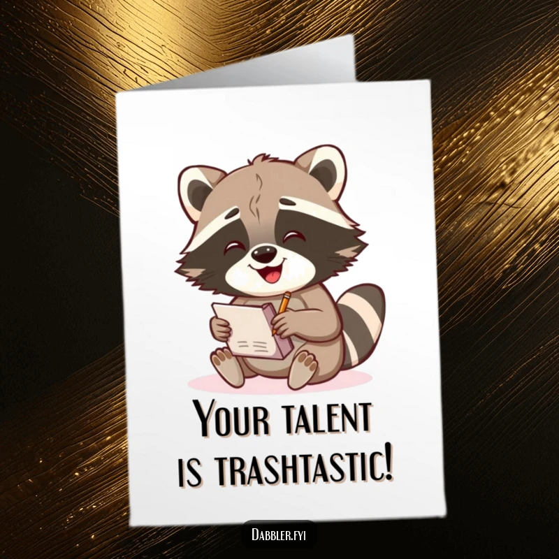 Funny Free Printable Congratulations Card: A gleeful raccoon enthusiastically sketches in a notebook, celebrating talent and success.