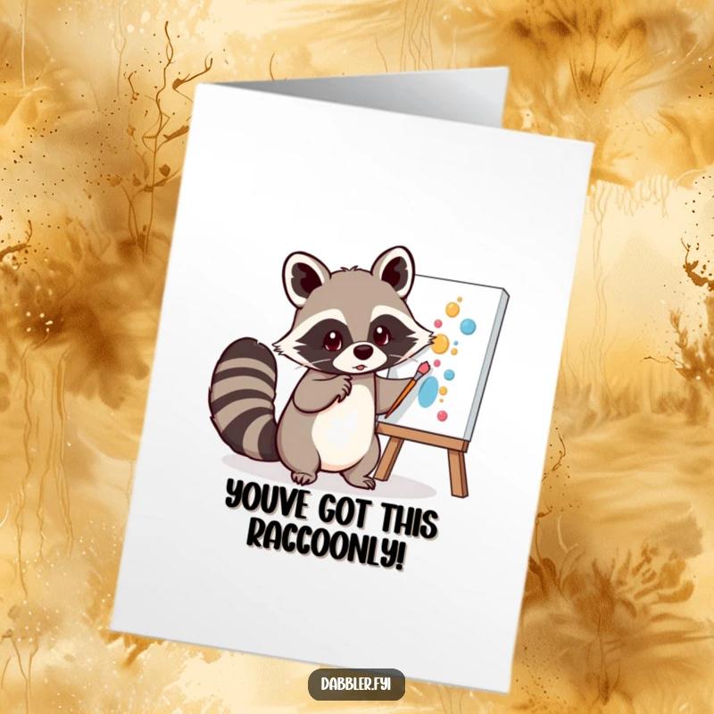 Funny Free Printable Congratulations Card: Raccoon uses its tail to paint a canvas, a downloadable art gift.