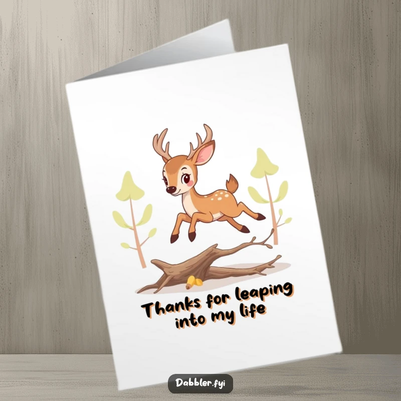 Funny Free Printable Thank You Card: Perky deer leaping gracefully over a branch, conveying sincere thanks.
