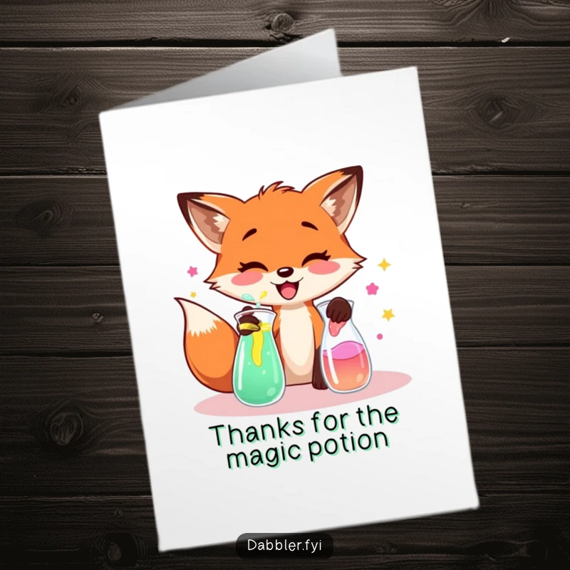 Funny Free Printable Thank You Card: Whimsical fox mixing colorful liquids, offering thanks in a unique way.