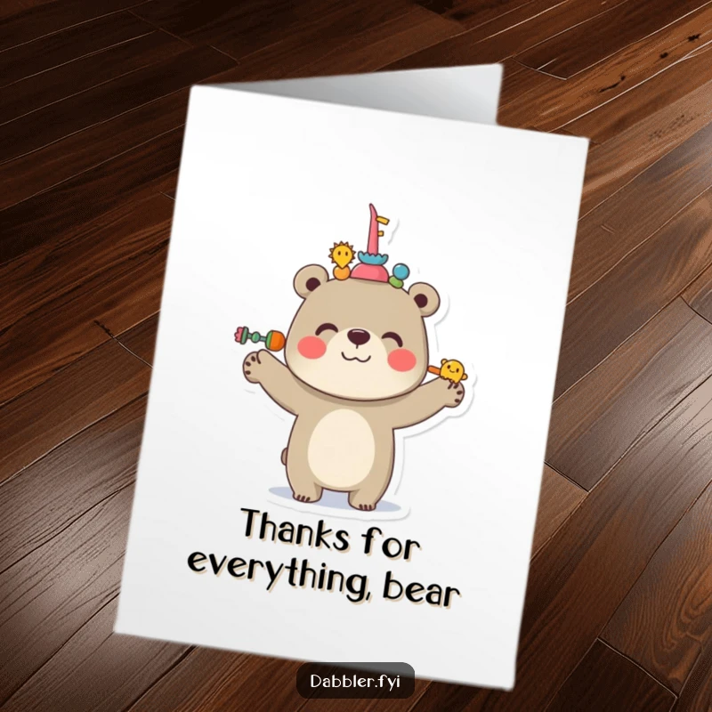 Funny free printable thank you card featuring a cheerful bear balancing items on its nose, showing gratitude.