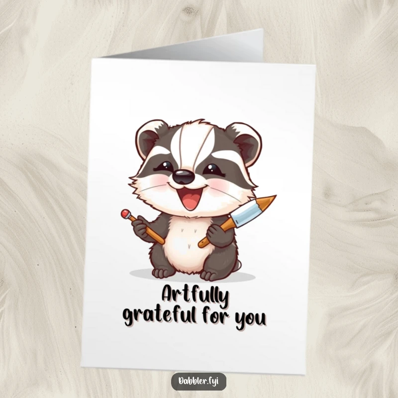 Funny Free Printable Thank You Card: Badger artist with palette knife, ready to be printed at home as DIY gift.