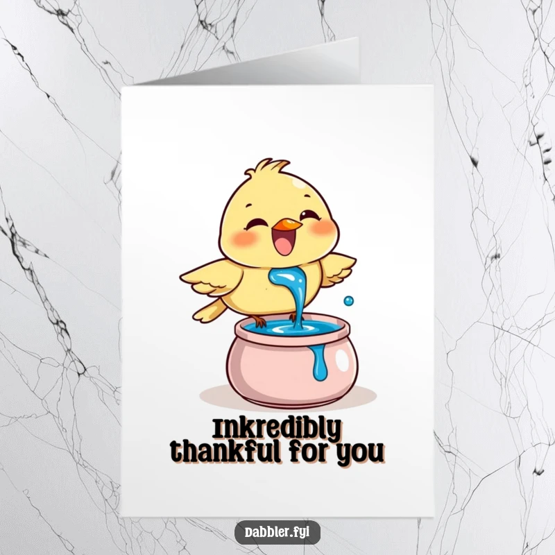 Funny Free Printable Thank You Card: Joyful bird dips beak into blue ink, a creative DIY gift.