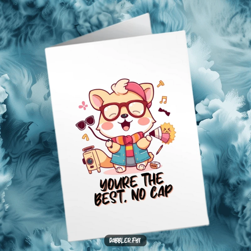 Funny Free Printable Thank You Card with a delighted animal character adorning themselves with humorous and odd accessories.
