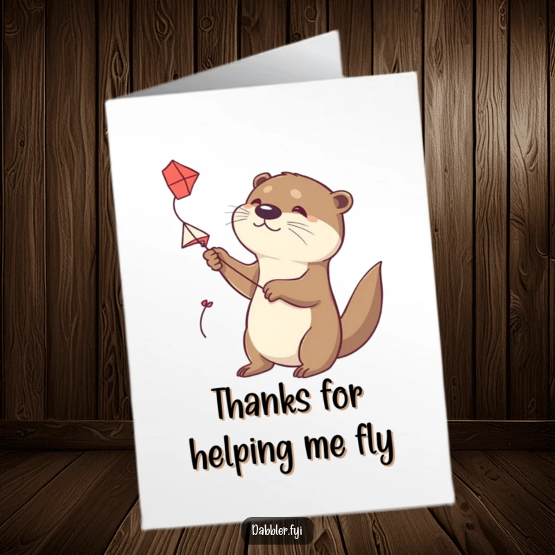 Funny Free Printable Thank You Card: A determined otter is trying to fly a small handmade kite, a unique DIY gift.