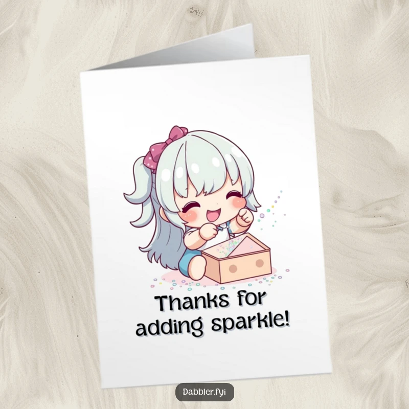 Funny Free Printable Thank You Card: Happy character playfully sprinkling glitter, a cute and humorous thanks.