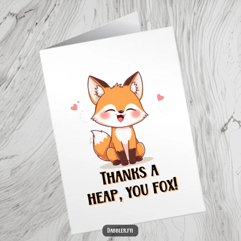 Funny Free Printable Thank You Card: A fox gleefully trying on various stylish hats and glasses, expressing thanks with a giggle.