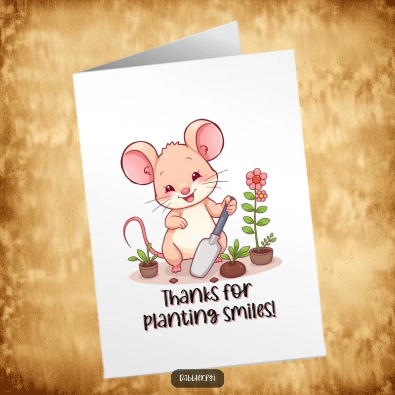 Funny Free Printable Thank You Card: Happy mouse arranging tiny plants with a trowel, showing thanks.