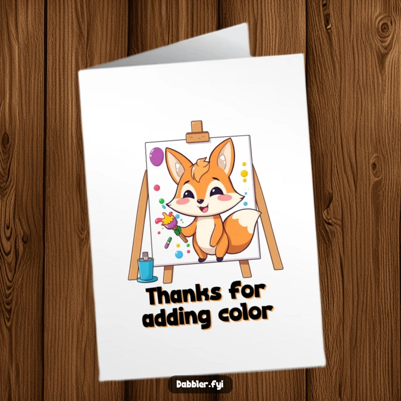 Funny Free Printable Thank You Card: Happy fox character with a grin, splashing colorful paint onto a blank canvas.