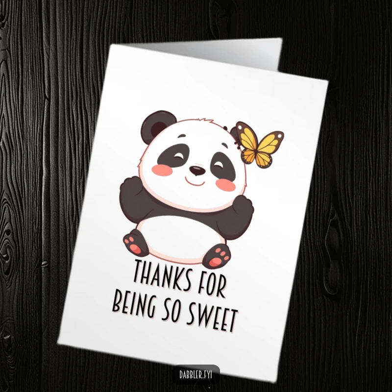 Funny Free Printable Thank You Card: Smiling panda captivated by a fluttering butterfly, a serene and humorous way to express thanks.