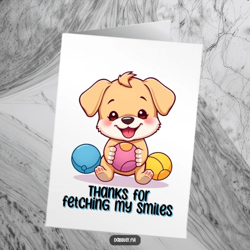 Funny free printable thank you card of a happy puppy juggling multiple balls, a charming downloadable.