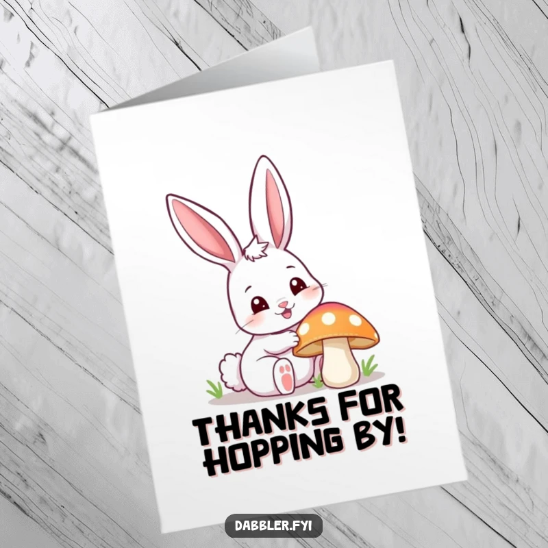 Cute Free Printable Thank You Card: Curious bunny poking a colorful mushroom, expressing thanks with a quirky twist, downloadable art.