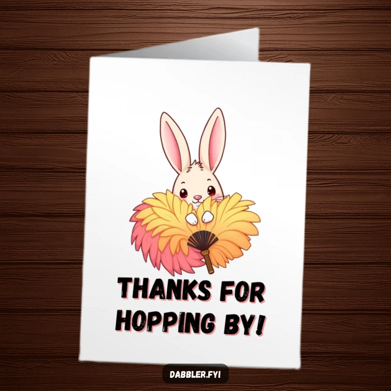 Funny Free Printable Thank You Card: Mischievous rabbit peering from behind a big, bright feather fan, offering thanks with a wink.