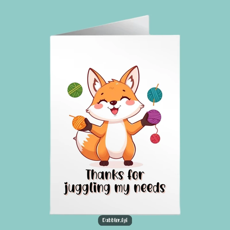 Free Printable Thank You Card: Funny Fox Yarn Juggler, Quick DIY Gift