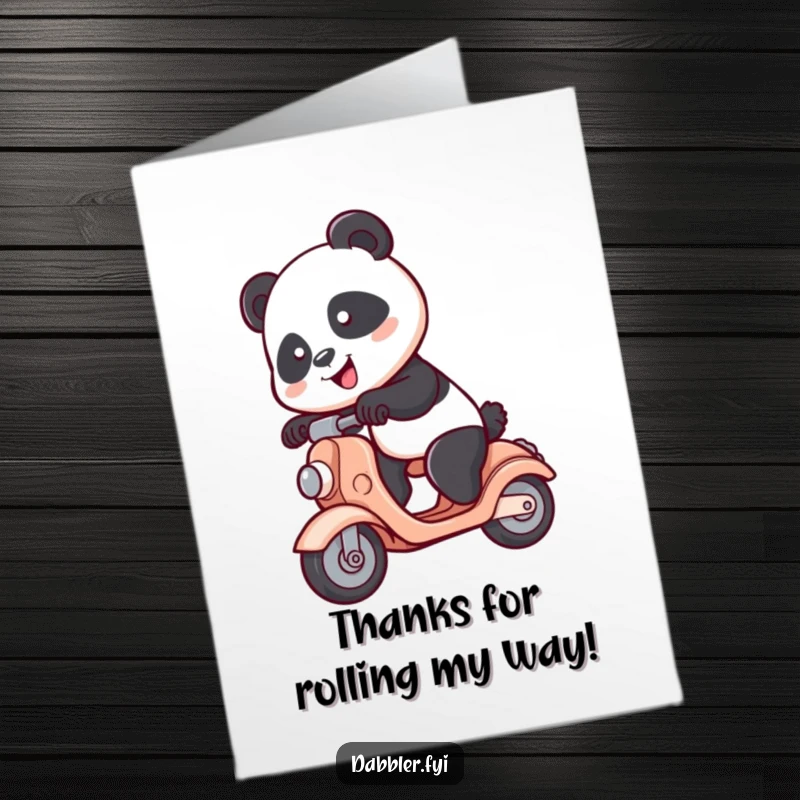 Funny Free Printable Thank You Card: A spunky panda hilariously tries to master a toy scooter, a unique way to say thanks.
