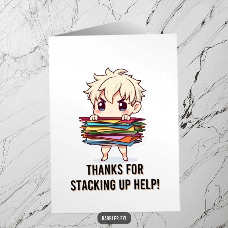 Funny Free Printable Thank You Card: Determined character balancing colorful paper scraps, a cute and humorous thanks.