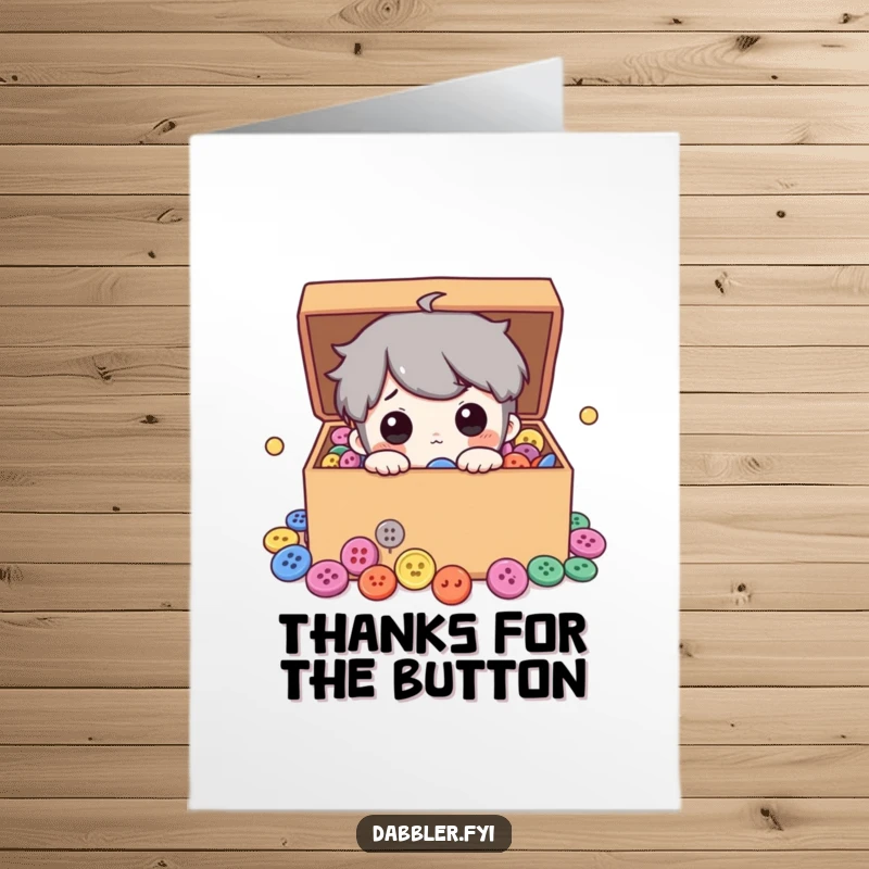 Funny Free Printable Thank You Card featuring a character fascinated by a box packed with colourful buttons, a unique way to say thanks.