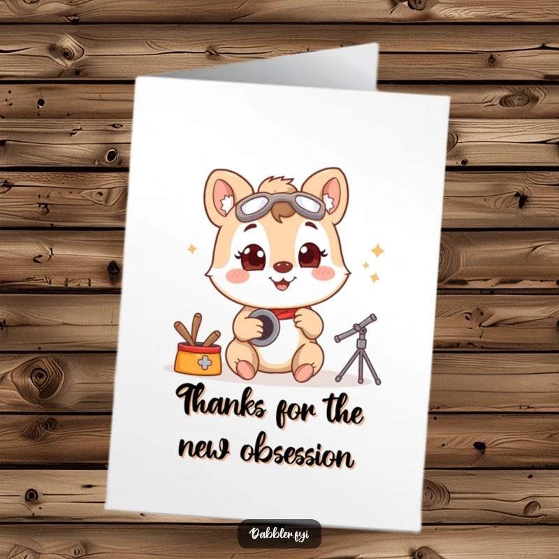 Funny Free Printable Thank You Card illustrating a smiling animal character enthusiastically trying a new hobby with captivated, wide eyes.