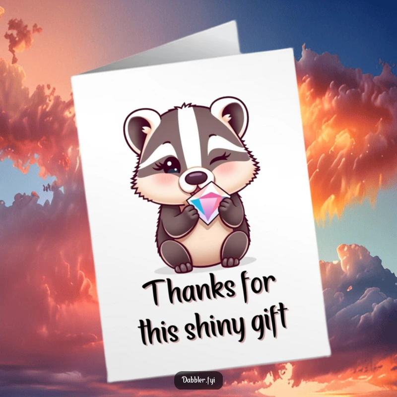 Funny Free Printable Thank You Card: A surprised badger winking while holding a sparkling gem, a humorous and charming way to say thanks.