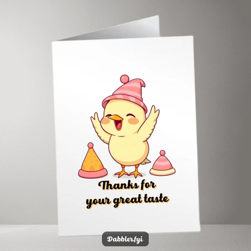 Funny Free Printable Thank You Card: Joyful bird modeling a collection of tiny hats, offering thanks adorably.