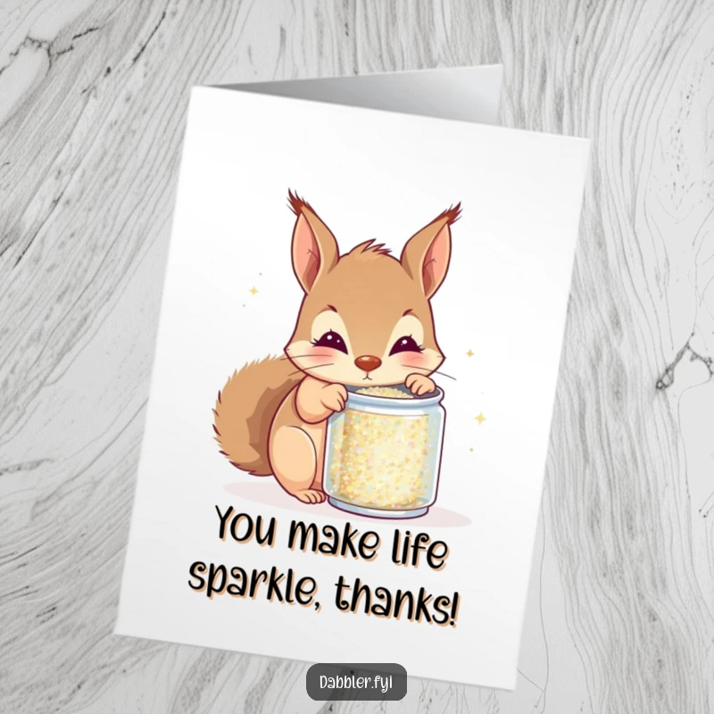 Funny Free Printable Thank You Card: A curious squirrel peeks into glitter, expressing thanks with sparkling joy.