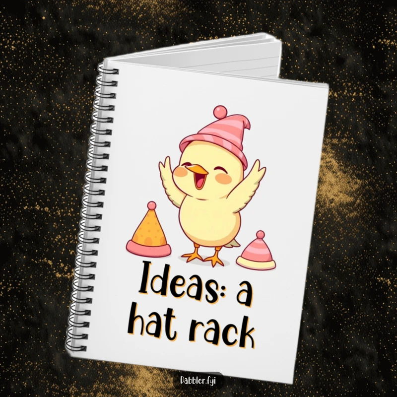 Funny bird notebook, featuring a bird trying on miniature hats on its cover, for writing notes.