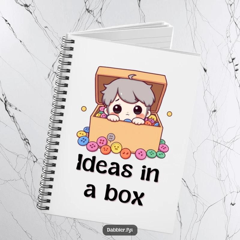 Funny notebook cover with a curious character peeking into a box brimming with assorted colorful buttons, perfect for jotting creative ideas.
