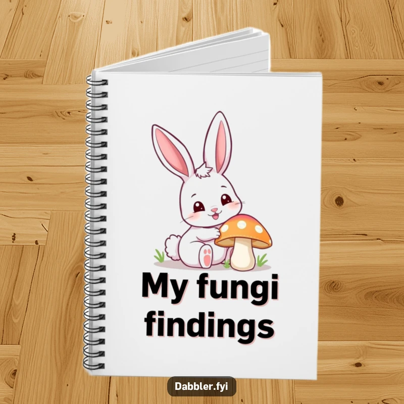 Funny happy bunny notebook, curiously poking a colorful mushroom with one ear up, perfect for jotting down ideas with woodland whimsy.