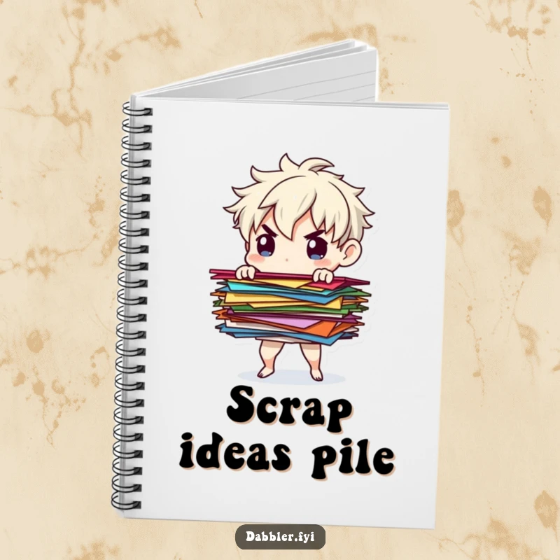 Funny paper balancer notebook with a determined character balancing colorful paper scraps, ideal for notes and organized planning.