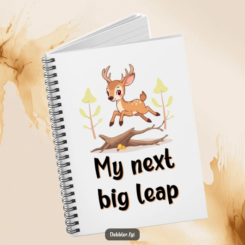 Funny perky deer notebook, with a playful leap over a small branch on the cover, for jotting notes.
