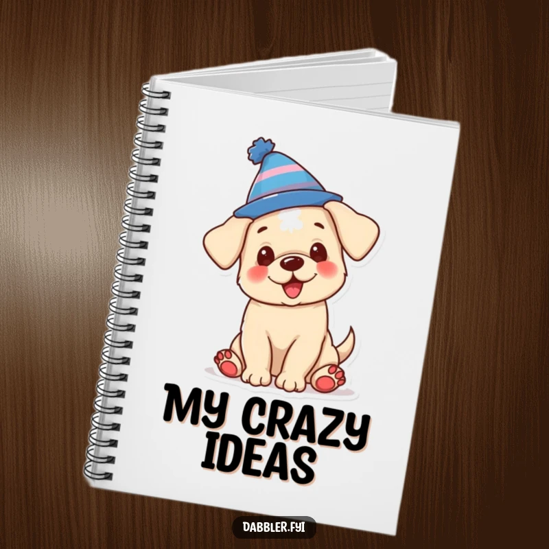 Funny notebook featuring a joyful puppy wearing a silly hat, perfect for writing and a funny gift.
