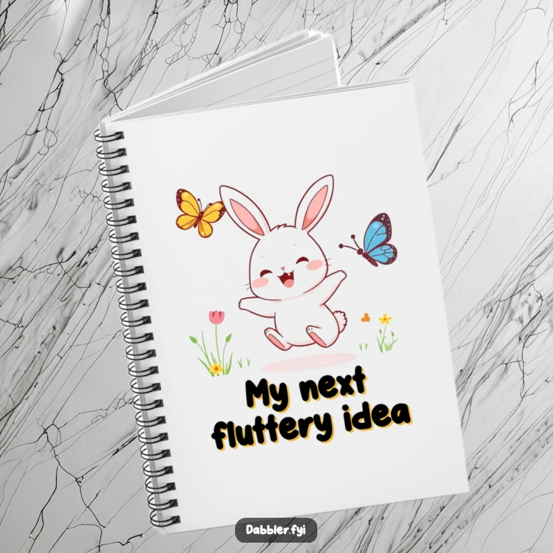 Funny notebook with a joyful rabbit character enthusiastically following a butterfly, ideal for notes, sketches, and daily thoughts.