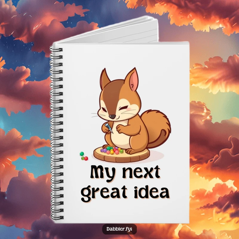 Funny Notebook: A determined squirrel character meticulously glues tiny decorative beads onto a coaster, perfect for creative journaling.